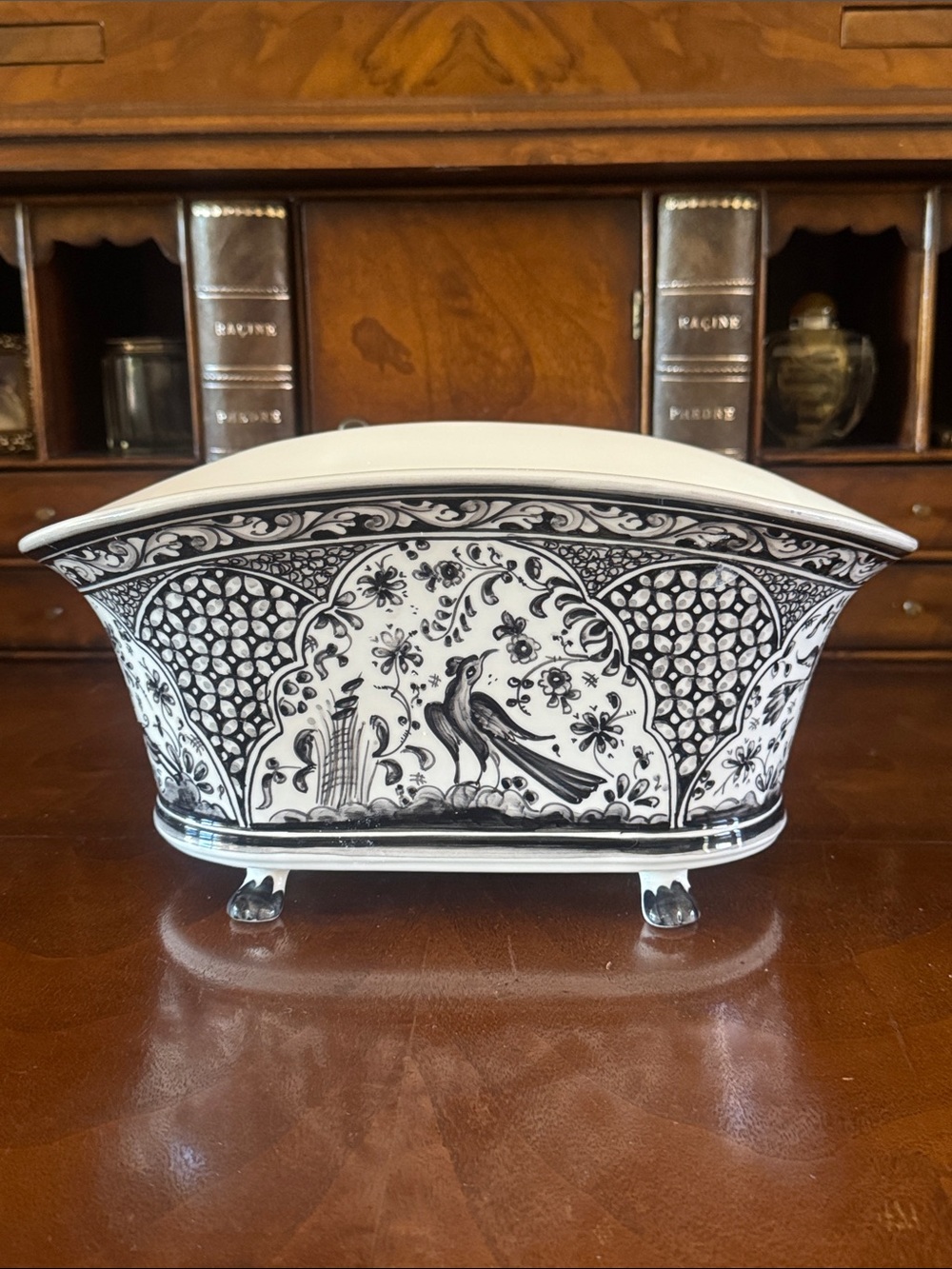 Vintage Black and White Hand Painted Ceramic Planter from Portugal